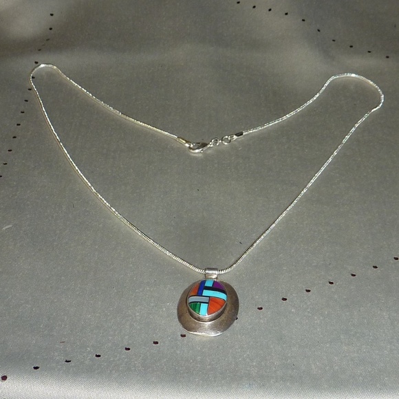 Native American Zuni Tribe Jewelry Zuni Sterling Silver Inlaid Necklace Pendent Poshmark